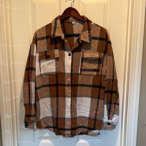 Brown and White Plaid Button-Up Shirt
